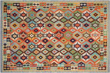 Flat Weave Kilim, Antique, Navaho, Vintage, Handmade, Geometric Kilim Rust Blue Hand-Woven Rectangle 100% Wool Area Rug 8 x 10